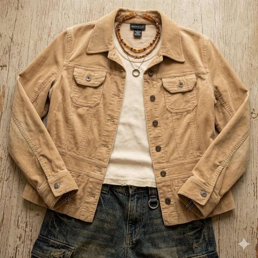 Vintage Rafaella Y2K Tan Corduroy Jacket 12 Button Up Fairy Grunge Chore